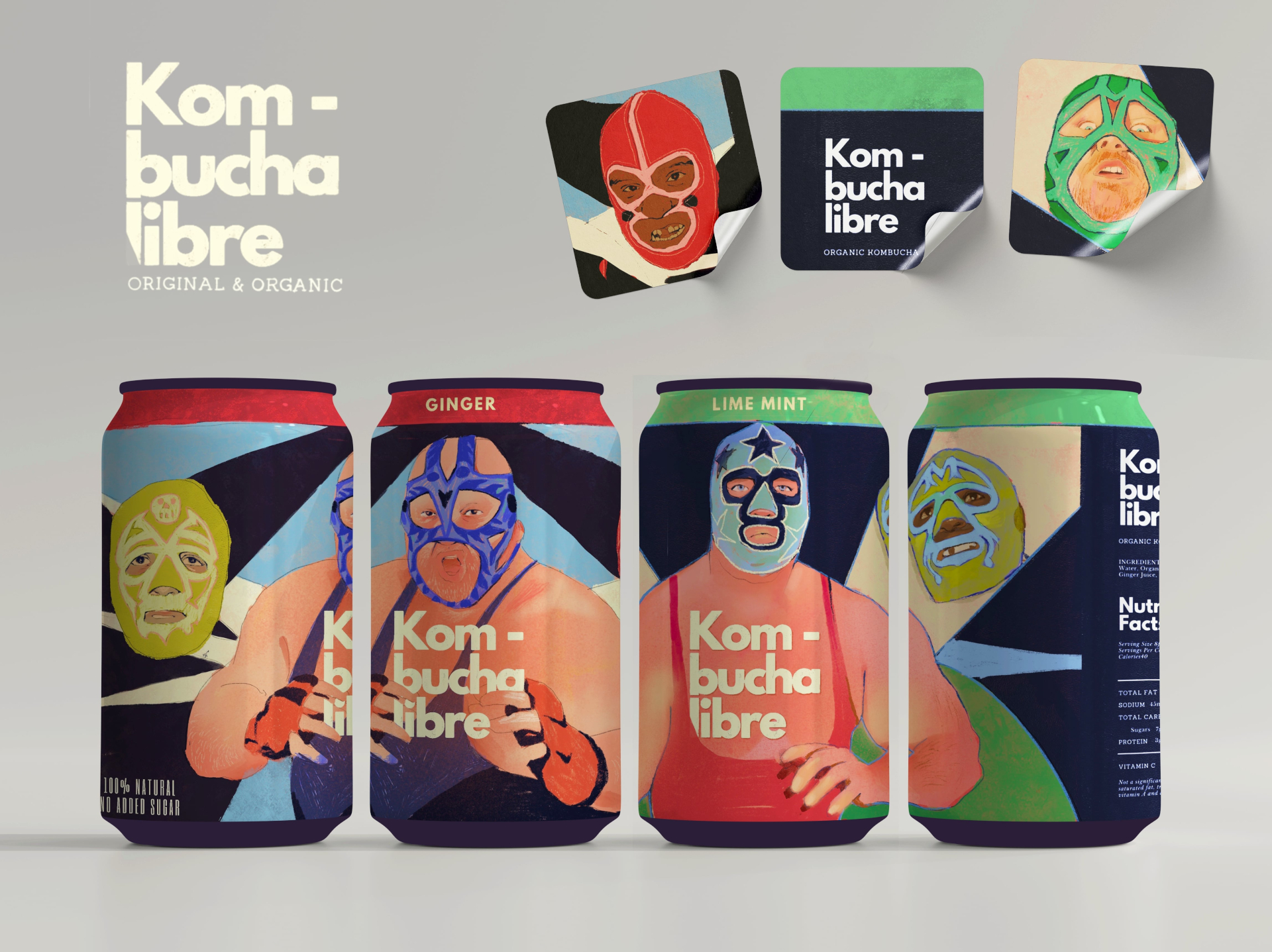 Kombucha libre. Kom-bucha libre is a play on words combining freestyle wrestling (lucha libre) with organic kombucha. I was inspired by the colourful masks and costumes of luchadores (masked wrestlers) and wanted to create a packaging design that would encapsulate the figures in a playful way. My main focus was to explore the potential of design through colours, shapes and illustrated characters.