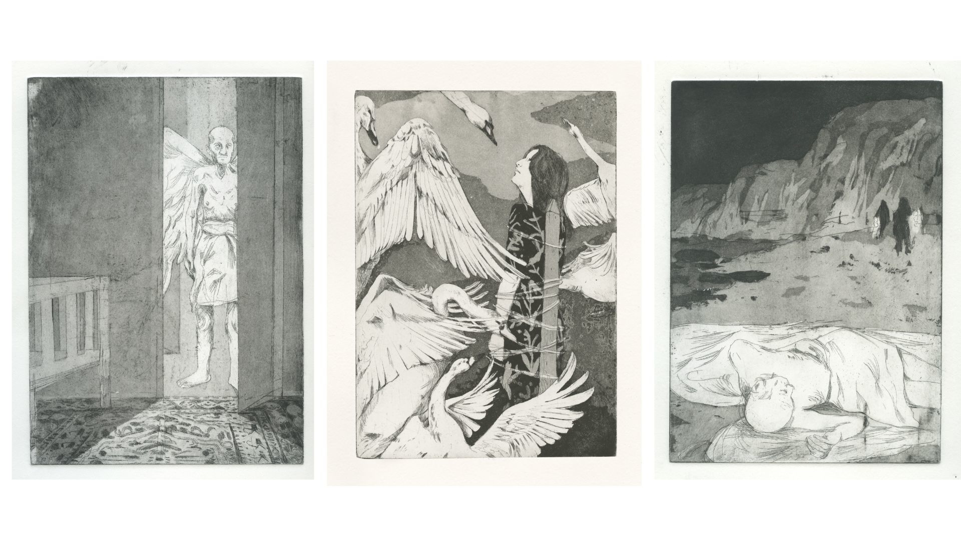 Etching & Aquatint. The prints on each side illustrate two fragments from “A Very Old Man with Enormous Wings” by Gabriel Garcia Marquez while the central image presents the final scene from “The Six Swans” by Grimm Brothers. I created the illustration by etching the images and adding layers of aquatint.