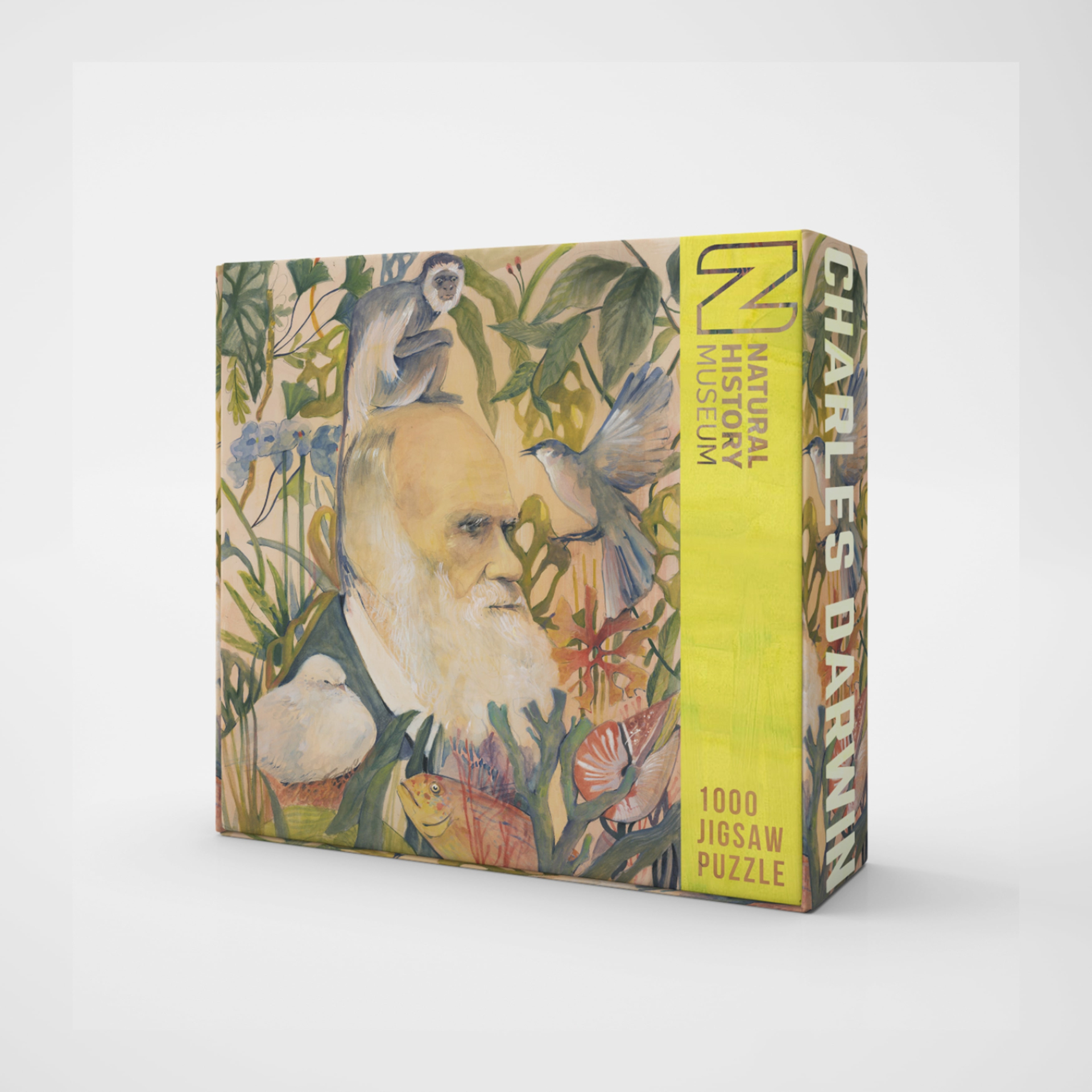 Darwin Puzzle Box. A gouache painting of Charles Darwin surrounded by plants and animals included in his research that I’ve turned into a jigsaw puzzle packaging.