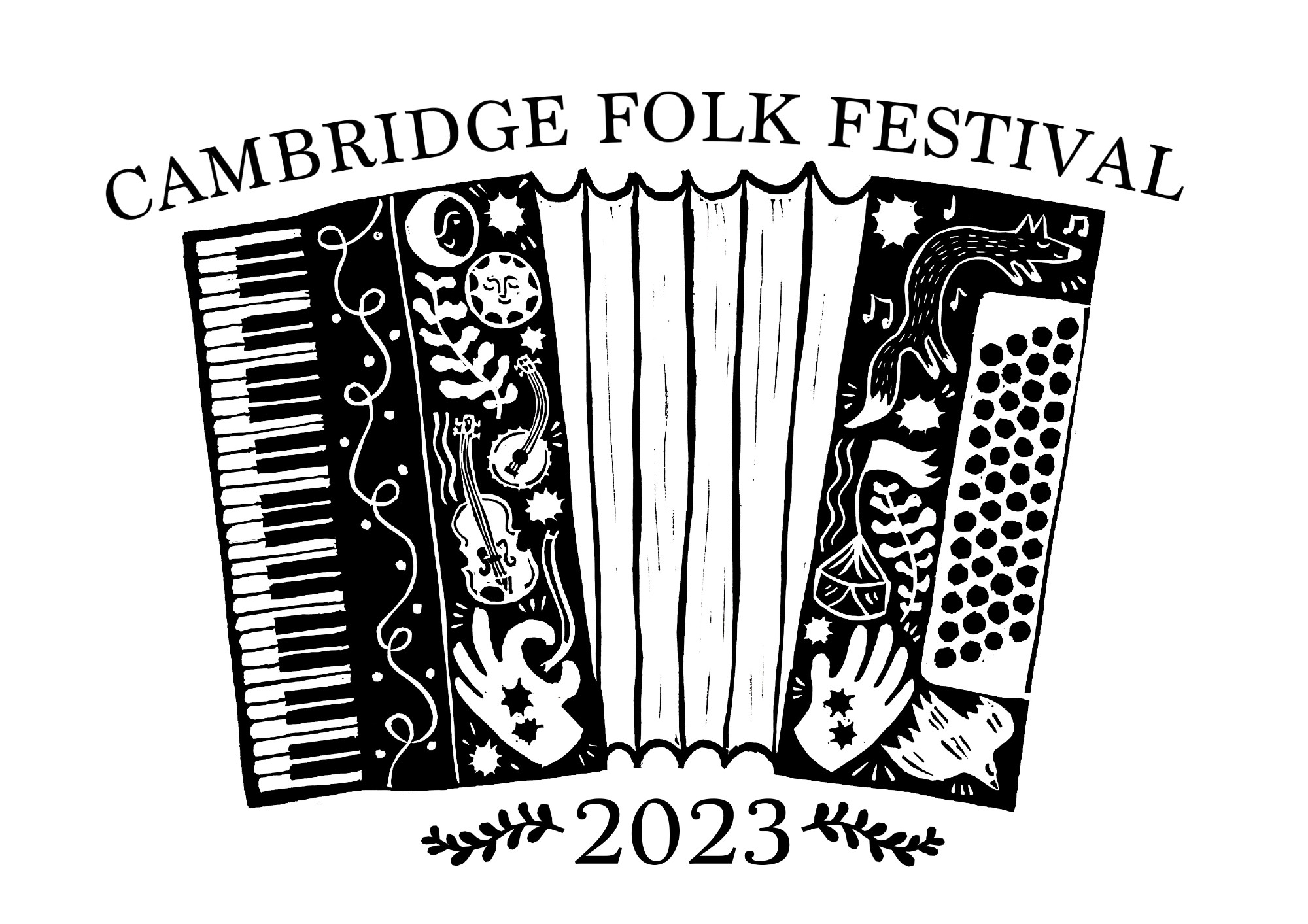 Cambridge Folk Festival T-shirt Competition Entry 2023. Linocut design for the annual t-shirt design competition held by Cambridge Folk Festival, which used to go to growing up.