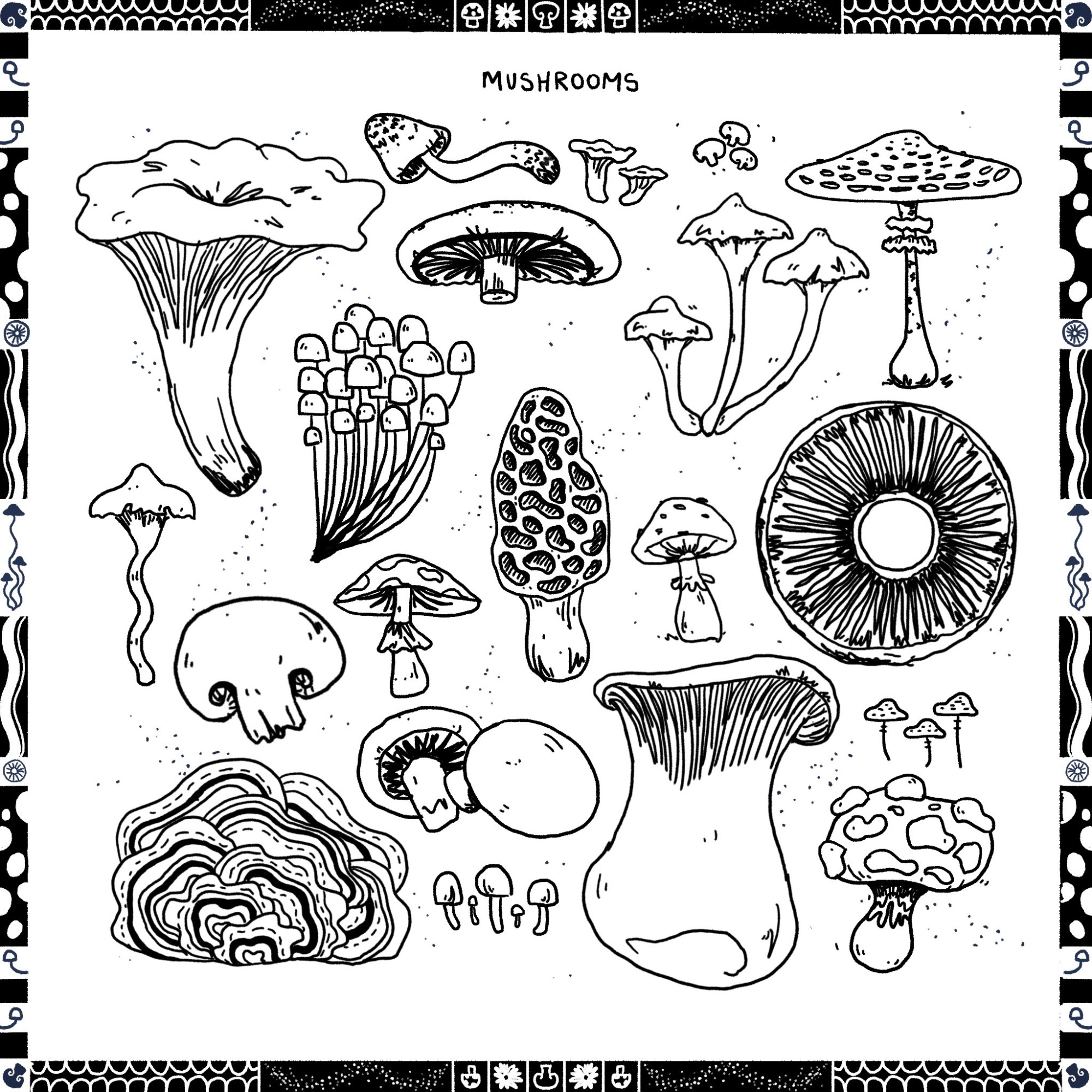 Mushroom Tattoo Flash Sheet.