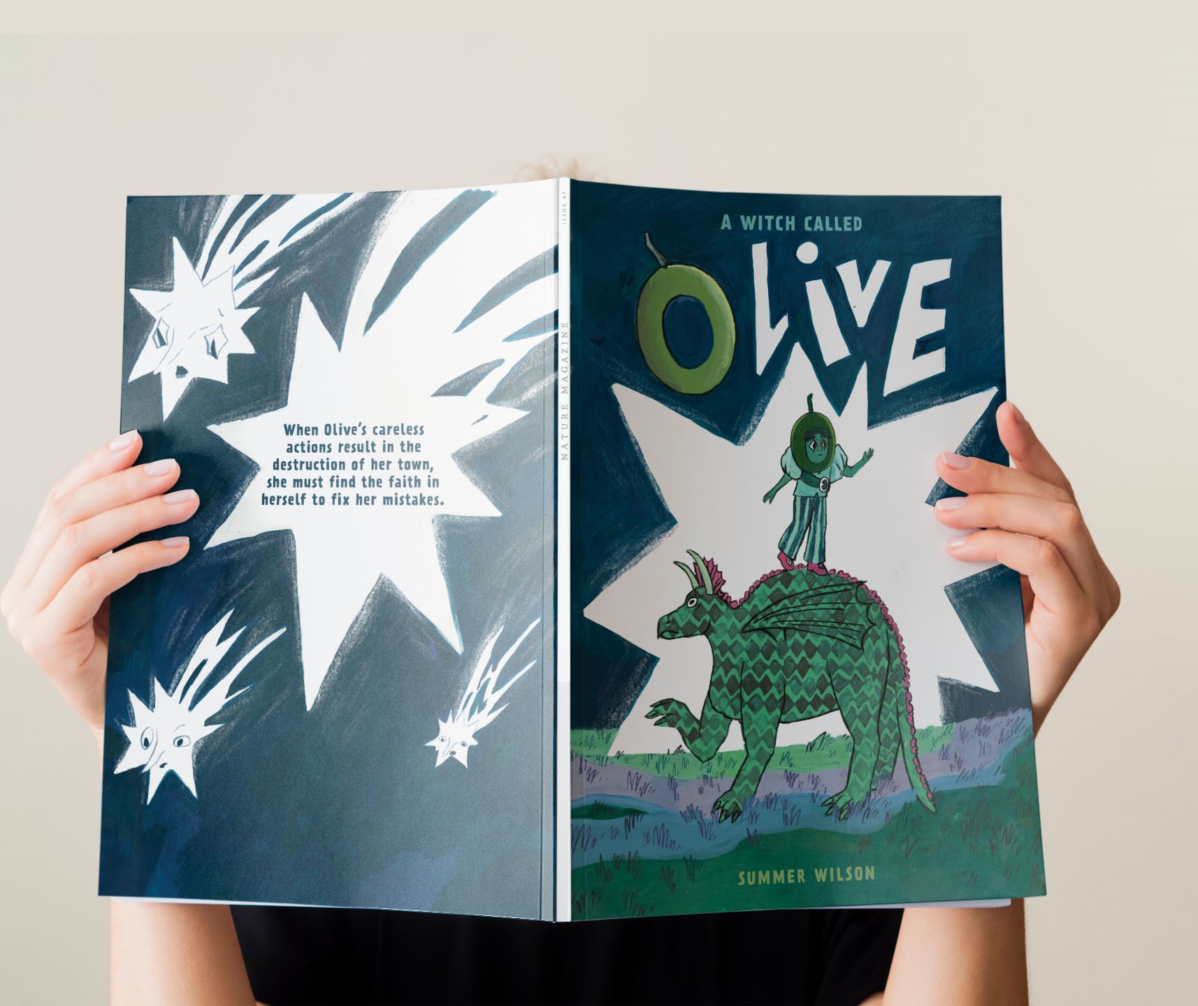 Covers for ‘A Witch Called Olive’ children’s comic picture book. Created using gouache, collage, coloured pencil, and digital drawing.