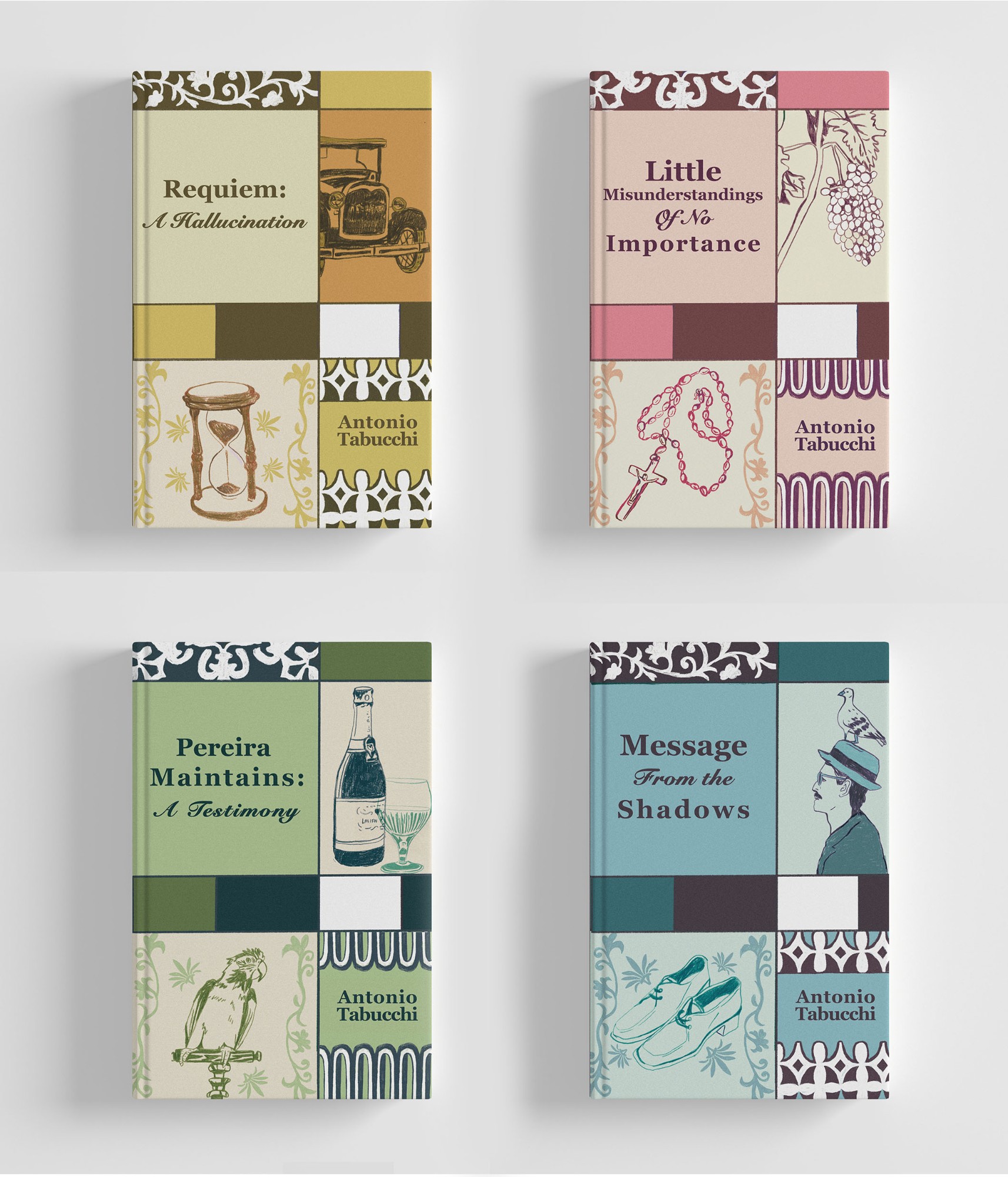 Antonio Tabucchi book covers. A set of 4 book cover designs reflecting the tiles in the city of Lisbon, where the stories are set.