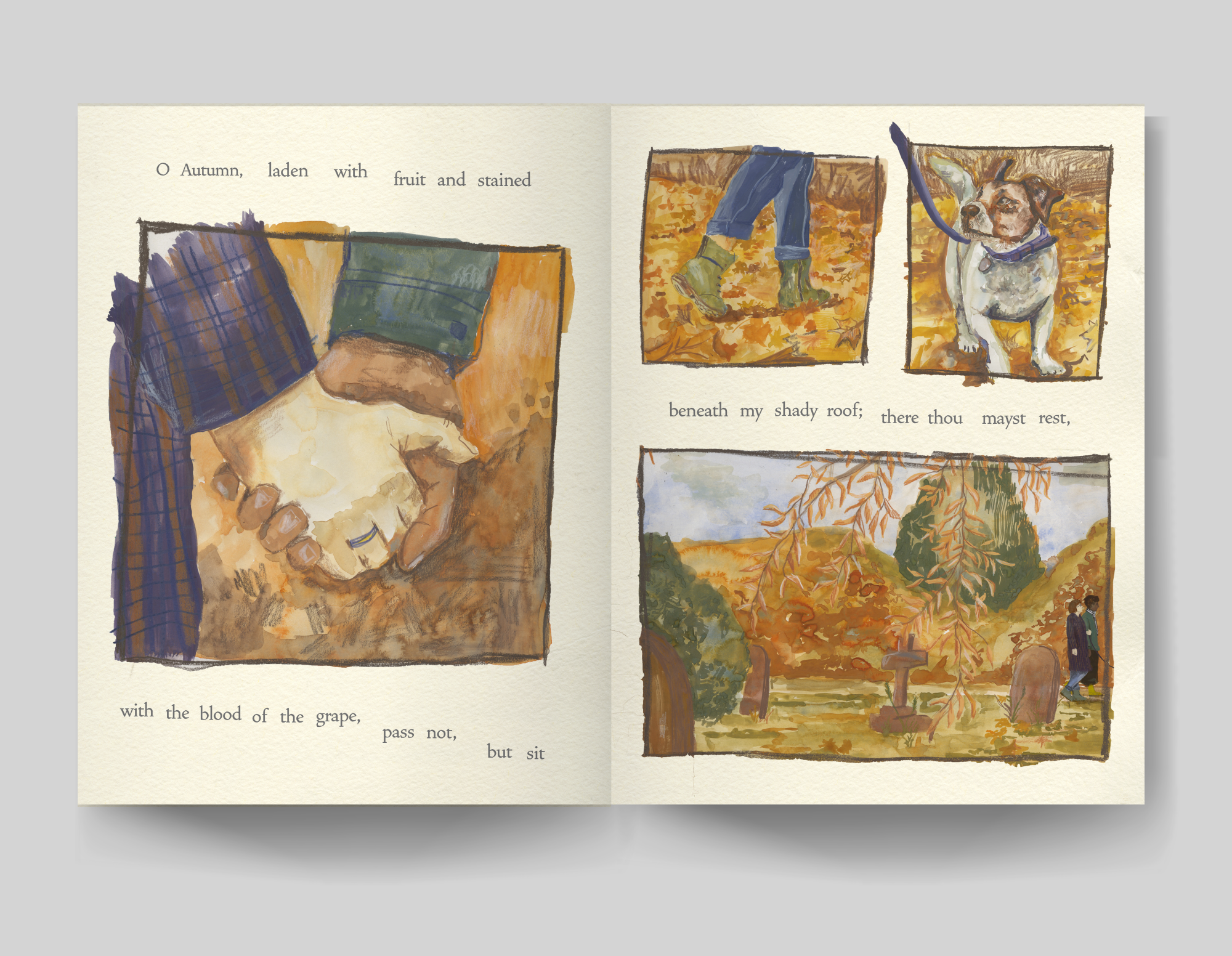 To Autumn. Double page spread from my narrative picture book ‘To Spring’. ‘To Spring’ features a selection of poems from William Blake with a visual story alongside. It's about an elderly lady who discovers an old photo from her past, causing her to reminisce about her life.